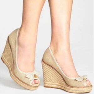 Tory Burch Linen Canvas Jackie Espadrille Wedges SIZE 7.5